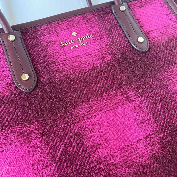 Kate Spade Ella Plaid Tweed Tote Medium Bright Rose Black Shoulder Bag - Picture 10 of 13